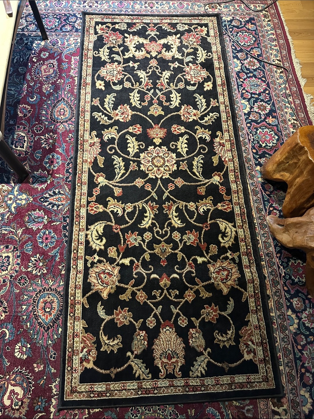 Bliss Black Floral Runner Rug with Red and Cream Accents